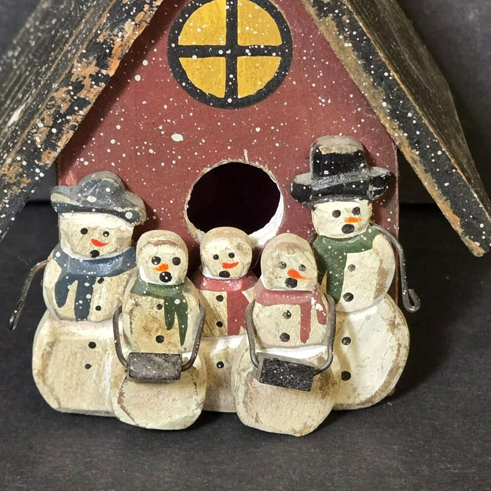 Vintage Primitive Rustic Wood Birdhouse Church Ornament Snowman Family Carolers - Picture 2 of 8